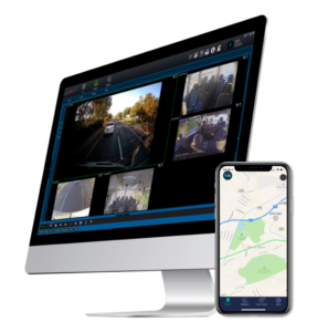 A computer screen and mobile phone screen with Centrad Live software images