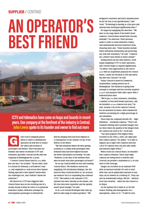 Page 1 of an article written in Coach and Bus Week detailing Centrad's service and product offerings