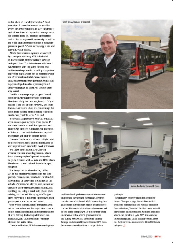 Page 2 of an article written in Coach and Bus Week detailing Centrad's service and product offerings